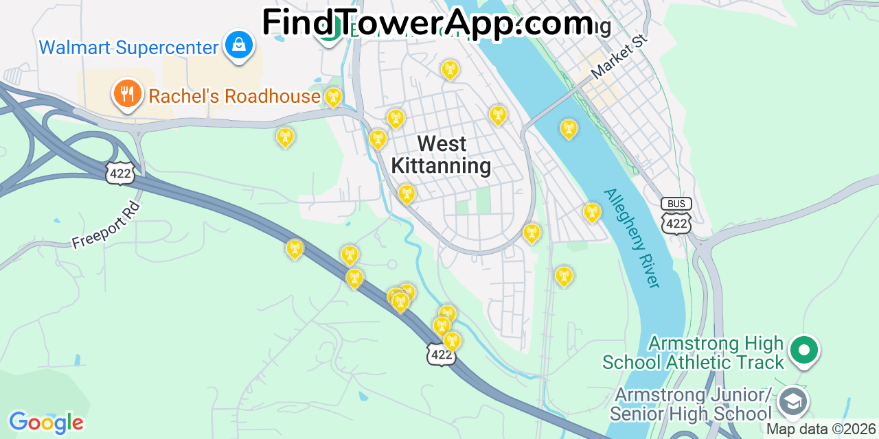 Map showing the 20 primary cell tower locations detected in West Kittanning, Pennsylvania from AT&T, Verizon, and T-Mobile networks