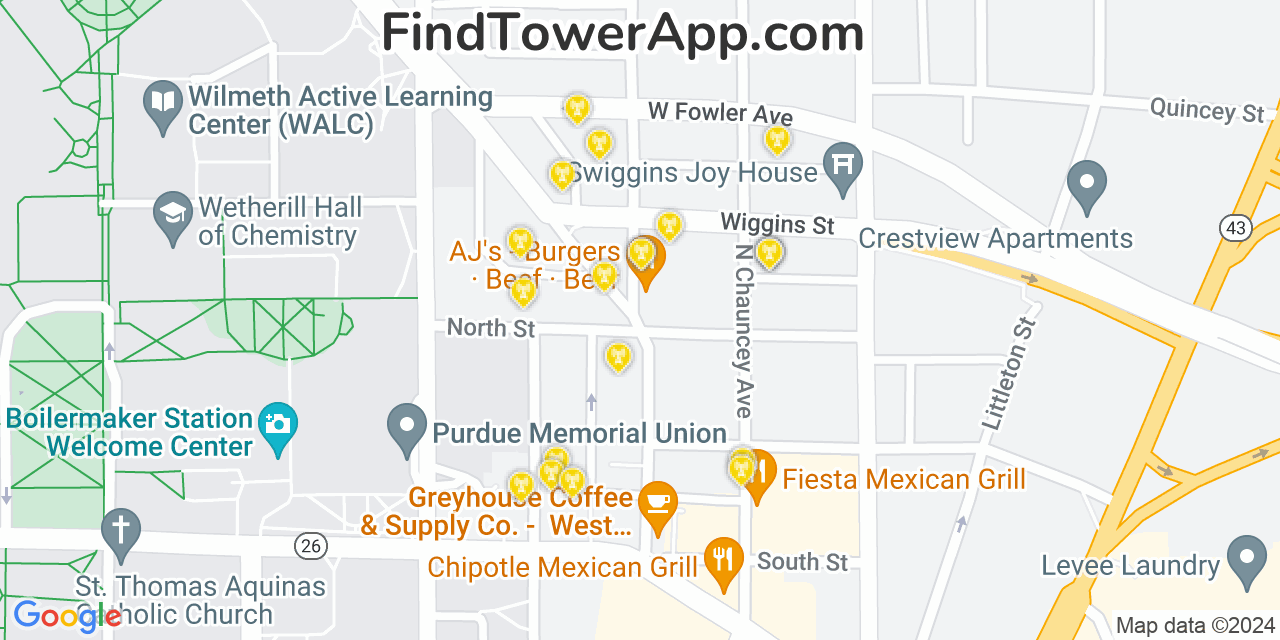 AT&T 4G/5G cell tower coverage map West Lafayette, Indiana