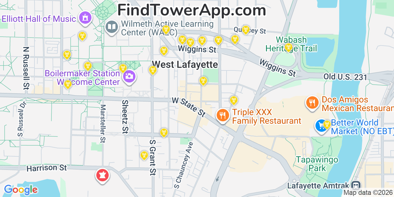 Map showing the 20 primary cell tower locations detected in West Lafayette, Indiana from AT&T, Verizon, and T-Mobile networks