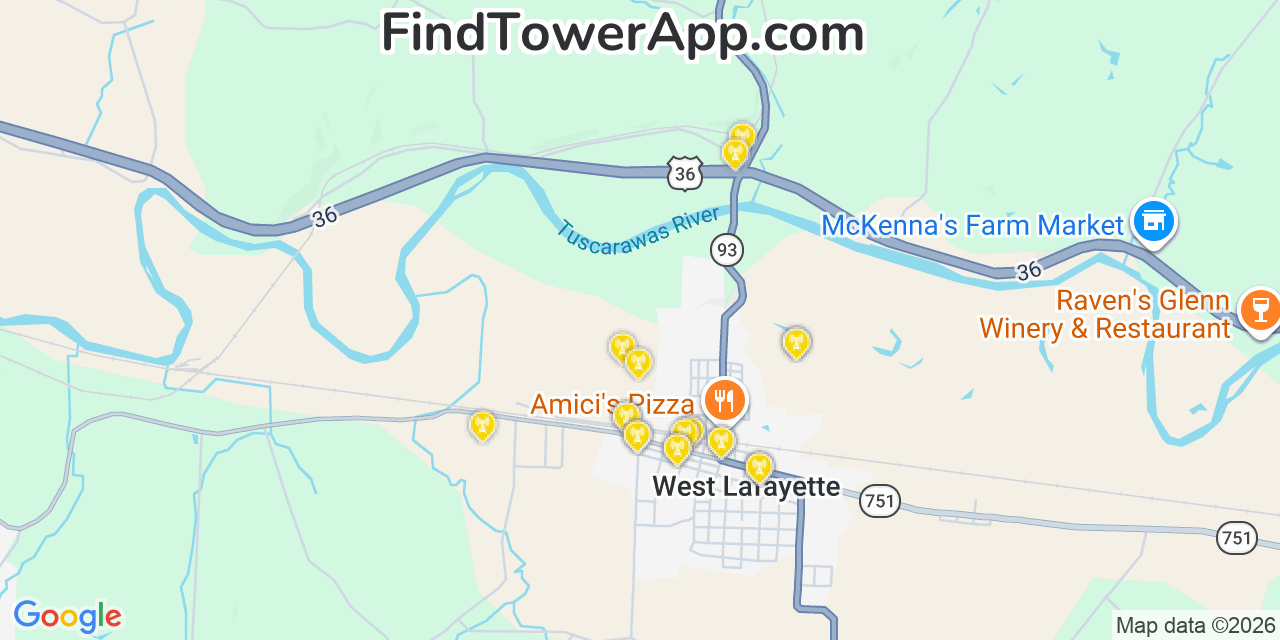 Map showing the 20 primary cell tower locations detected in West Lafayette, Ohio from AT&T, Verizon, and T-Mobile networks