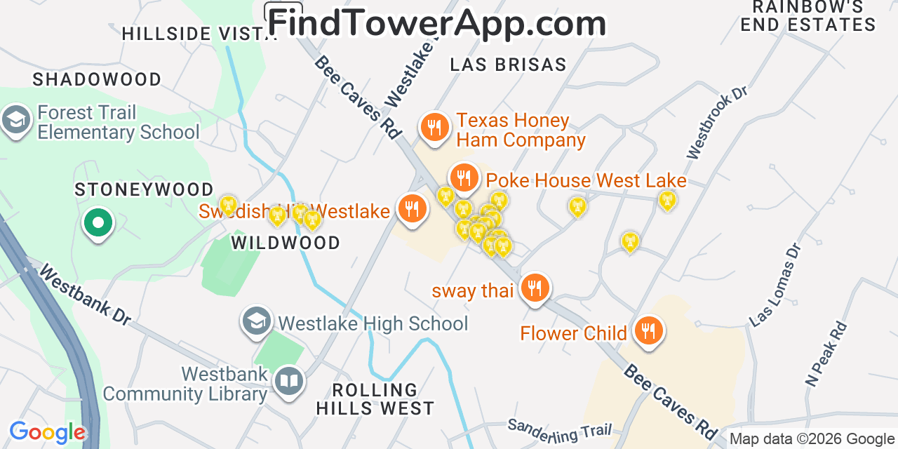 Map showing the 20 primary cell tower locations detected in West Lake Hills, Texas from AT&T, Verizon, and T-Mobile networks