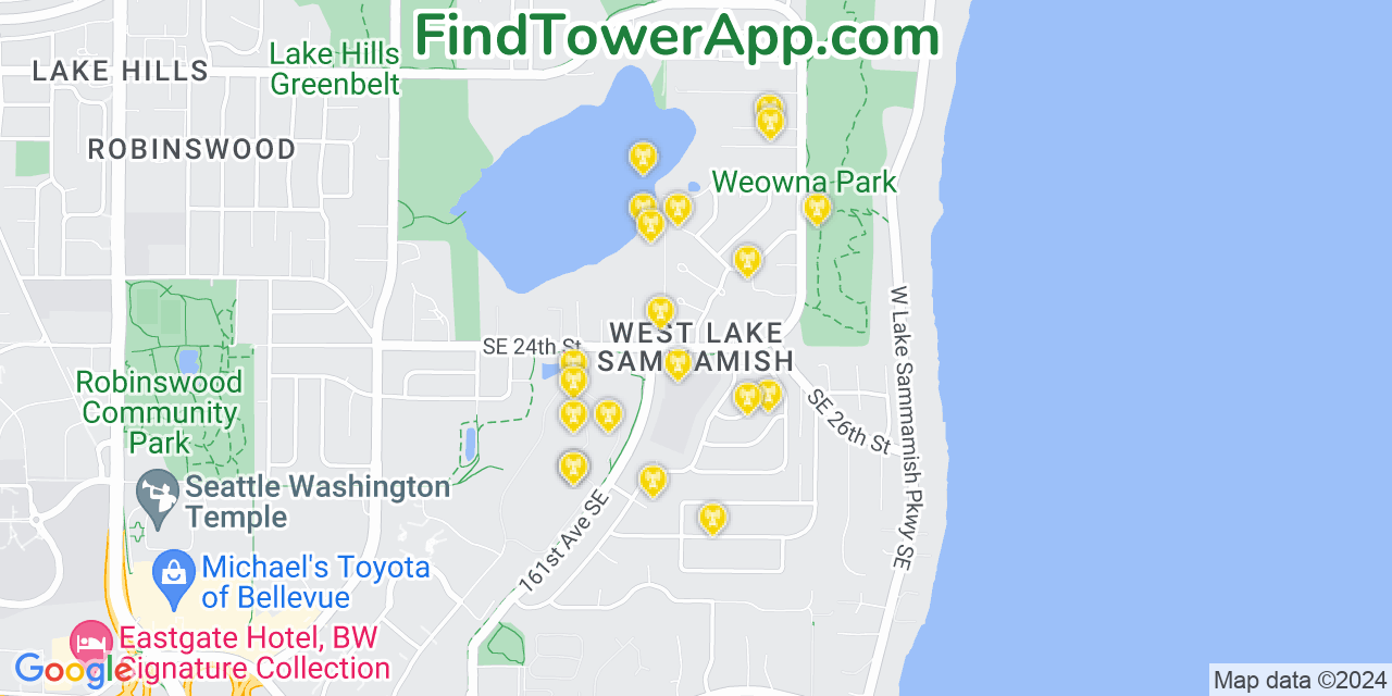 AT&T 4G/5G cell tower coverage map West Lake Sammamish, Washington