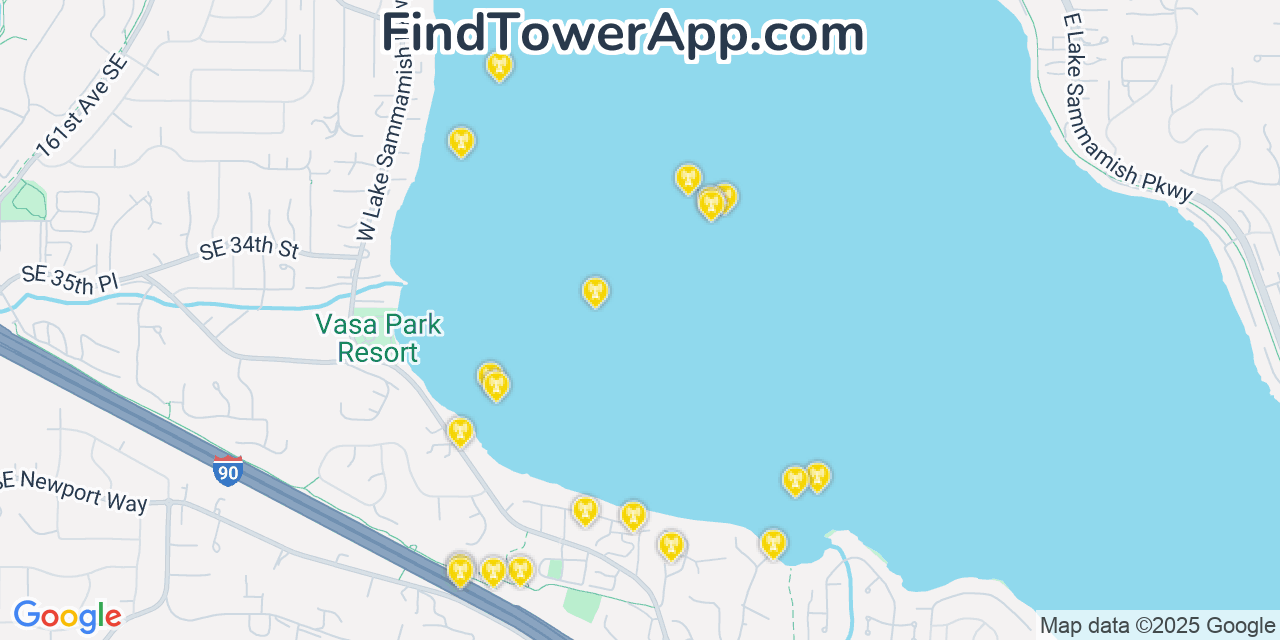 Map showing the 20 primary cell tower locations detected in West Lake Sammamish, Washington from AT&T, Verizon, and T-Mobile networks