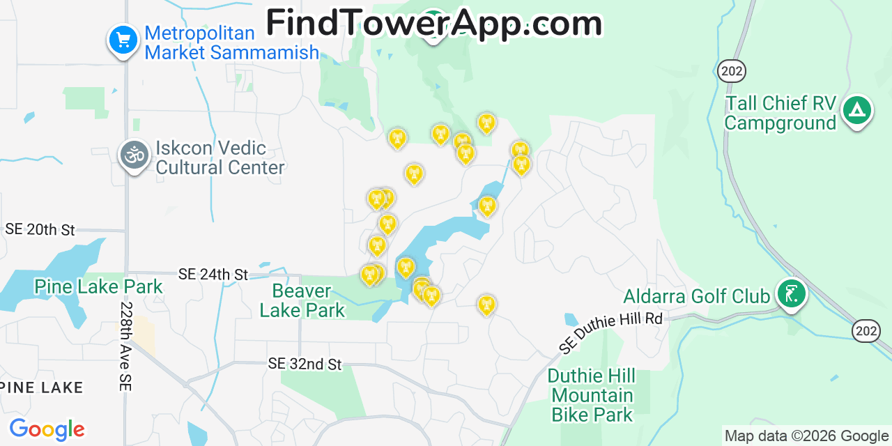 Map showing the 20 primary cell tower locations detected in West Lake Sammamish, Washington from AT&T, Verizon, and T-Mobile networks
