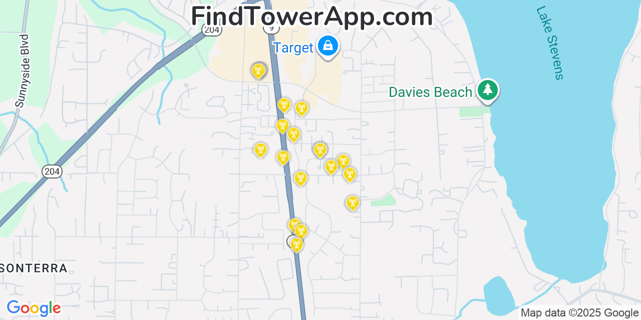 Map showing the 20 primary cell tower locations detected in West Lake Stevens, Washington from AT&T, Verizon, and T-Mobile networks
