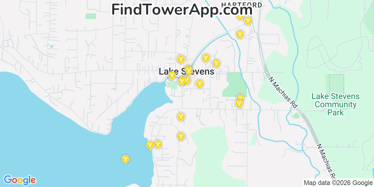 Map showing the 20 primary cell tower locations detected in West Lake Stevens, Washington from AT&T, Verizon, and T-Mobile networks