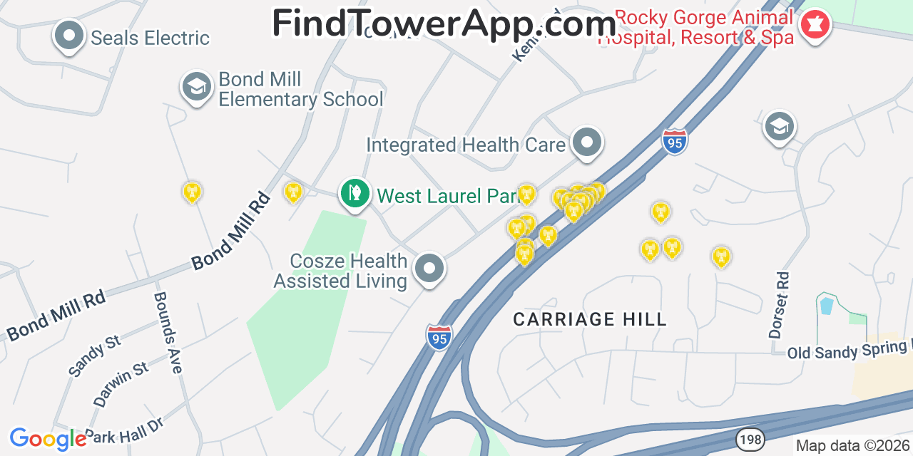 Map showing the 20 primary cell tower locations detected in West Laurel, Maryland from AT&T, Verizon, and T-Mobile networks