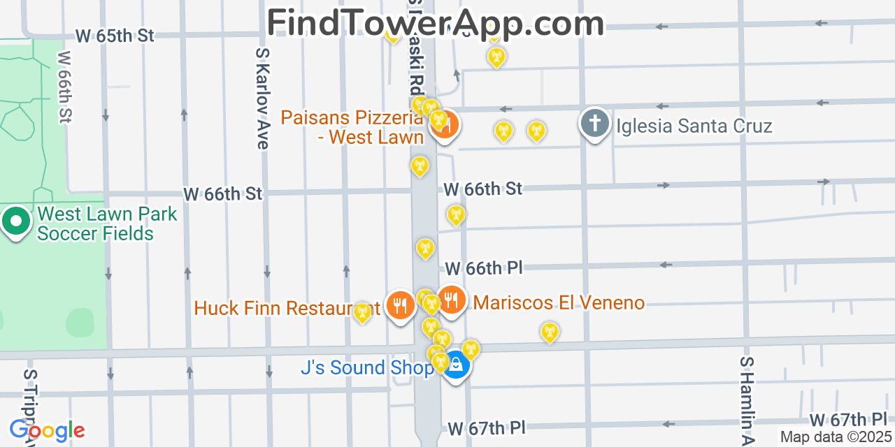 Map showing the 20 primary cell tower locations detected in West Lawn, Illinois from AT&T, Verizon, and T-Mobile networks