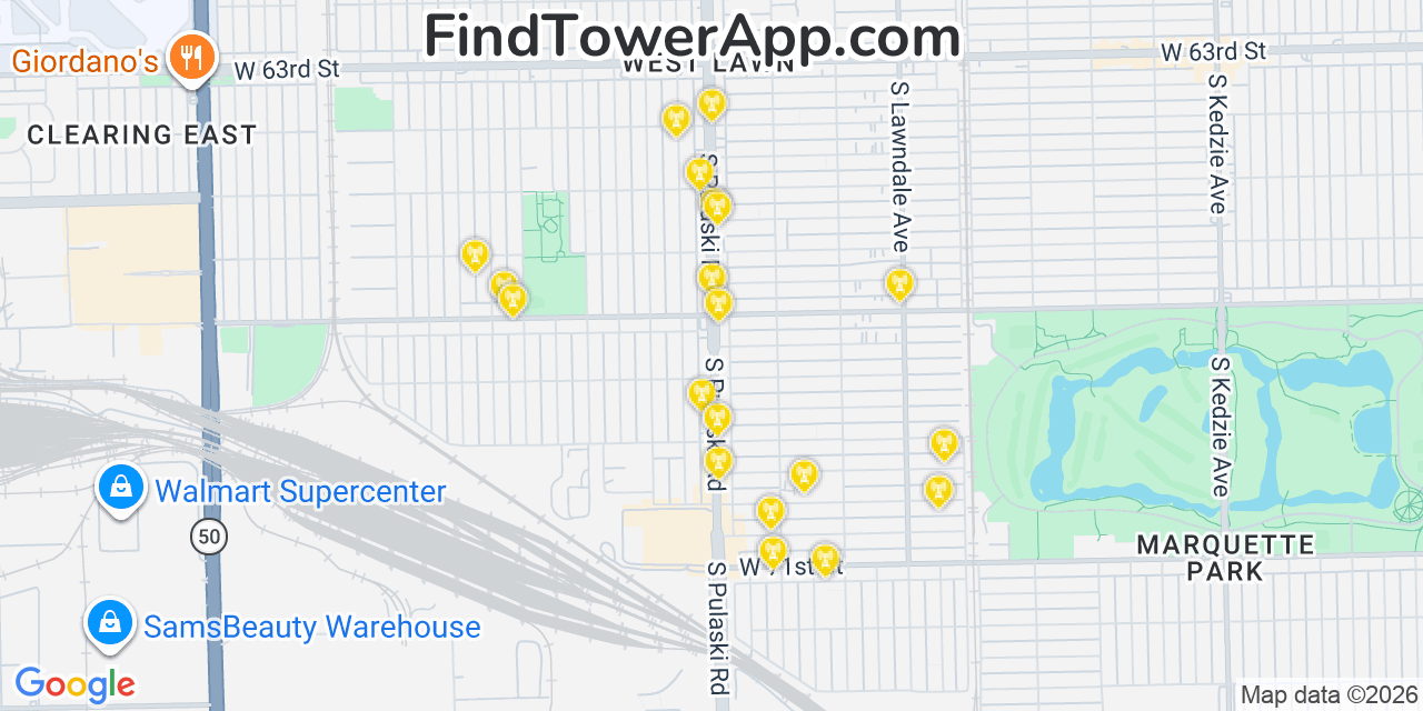Map showing the 20 primary cell tower locations detected in West Lawn, Illinois from AT&T, Verizon, and T-Mobile networks