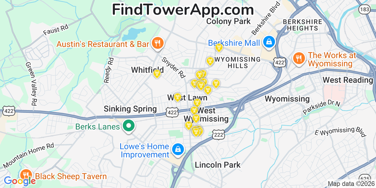 Map showing the 20 primary cell tower locations detected in West Lawn, Pennsylvania from AT&T, Verizon, and T-Mobile networks