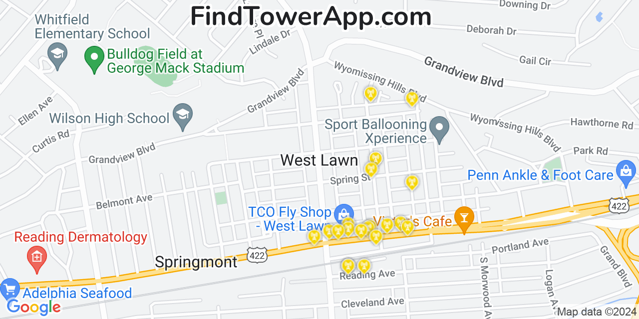 Verizon 4G/5G cell tower coverage map West Lawn, Pennsylvania