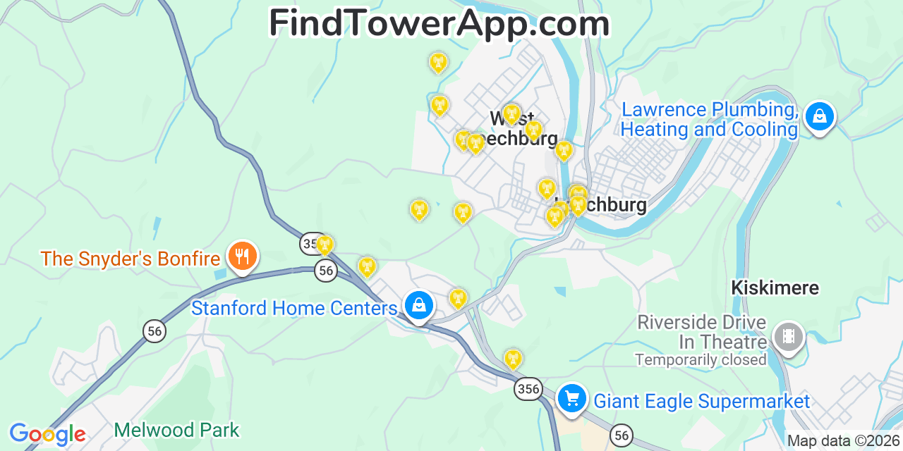 Map showing the 20 primary cell tower locations detected in West Leechburg, Pennsylvania from AT&T, Verizon, and T-Mobile networks