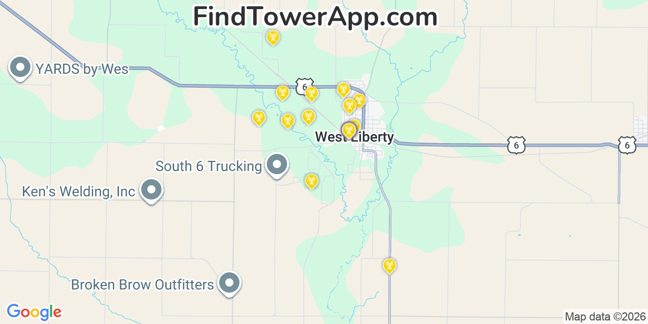 Map showing the 20 primary cell tower locations detected in West Liberty, Iowa from AT&T, Verizon, and T-Mobile networks