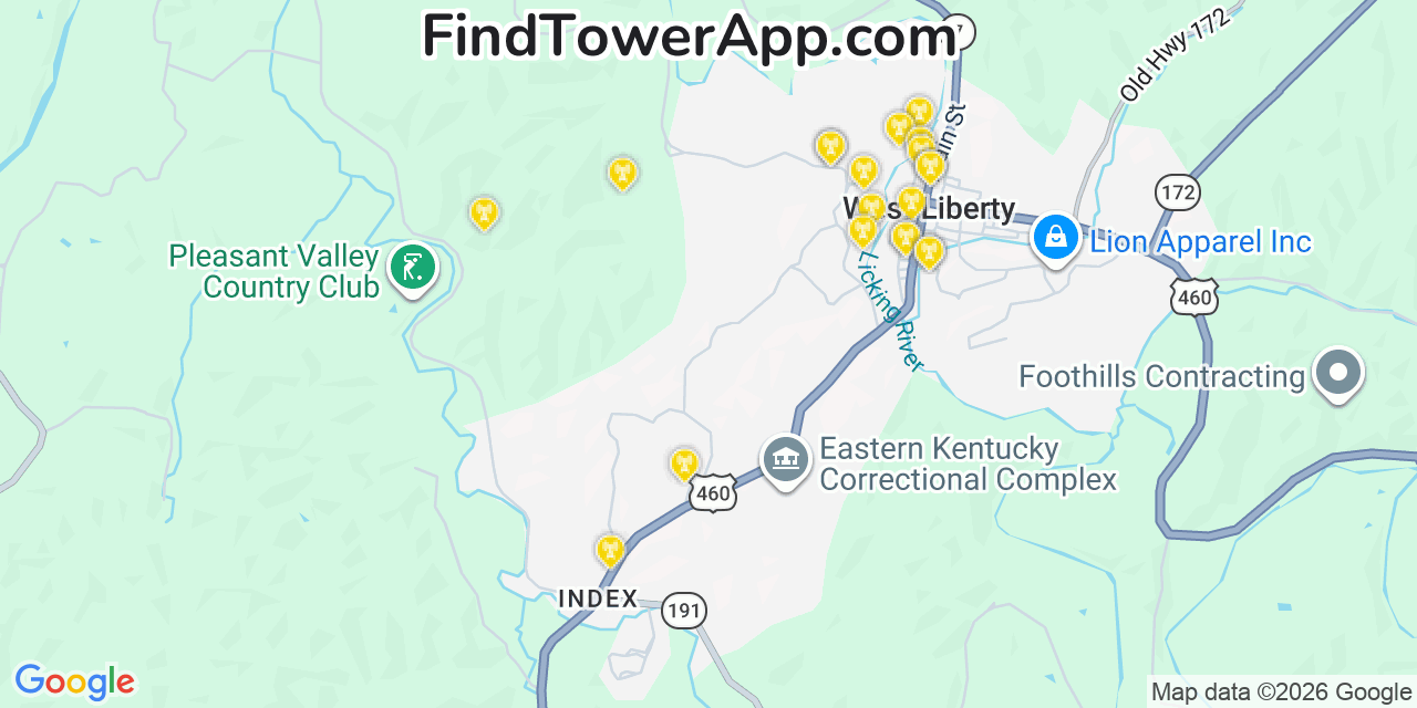 Map showing the 20 primary cell tower locations detected in West Liberty, Kentucky from AT&T, Verizon, and T-Mobile networks