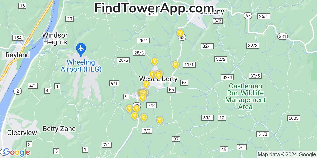 AT&T 4G/5G cell tower coverage map West Liberty, West Virginia