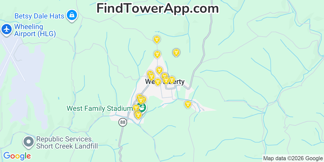 Map showing the 20 primary cell tower locations detected in West Liberty, West Virginia from AT&T, Verizon, and T-Mobile networks