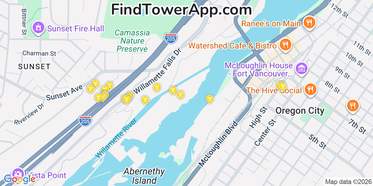 Map showing the 20 primary cell tower locations detected in West Linn, Oregon from AT&T, Verizon, and T-Mobile networks