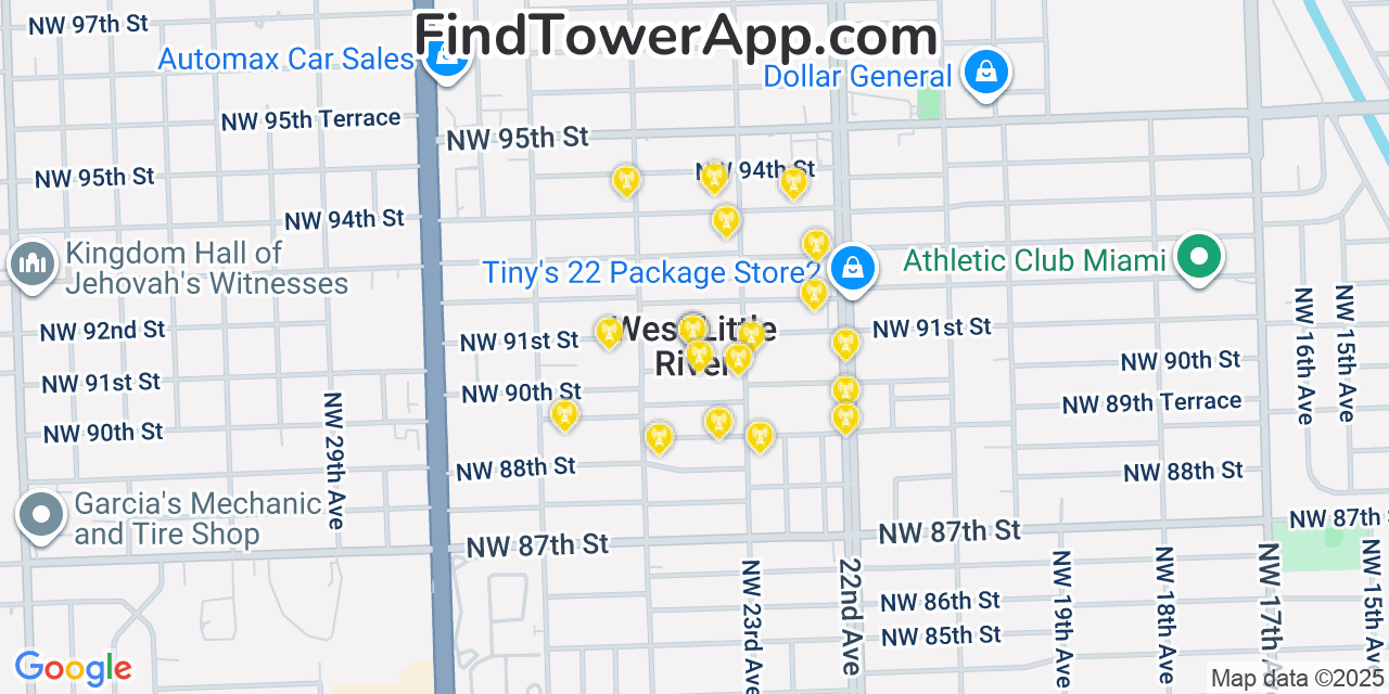 Map showing the 20 primary cell tower locations detected in West Little River, Florida from AT&T, Verizon, and T-Mobile networks