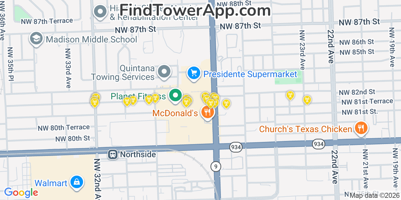 Map showing the 20 primary cell tower locations detected in West Little River, Florida from AT&T, Verizon, and T-Mobile networks