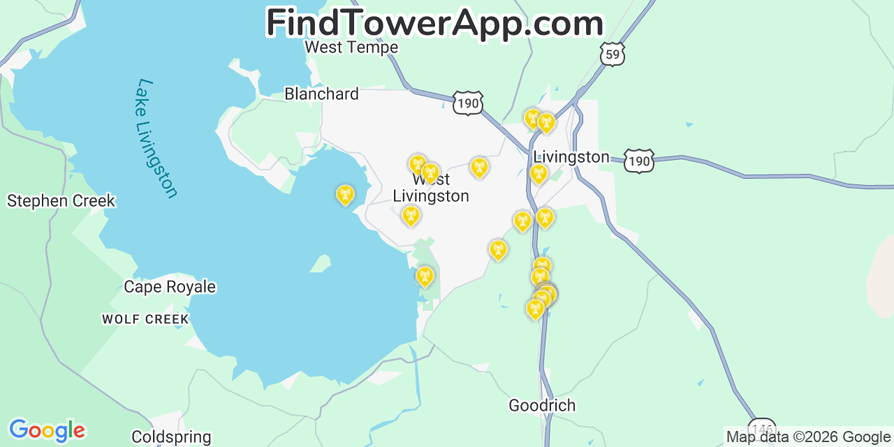Map showing the 20 primary cell tower locations detected in West Livingston, Texas from AT&T, Verizon, and T-Mobile networks