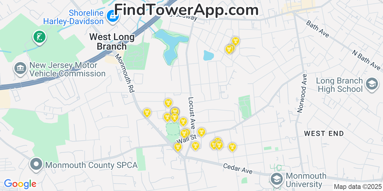 Map showing the 20 primary cell tower locations detected in West Long Branch, New Jersey from AT&T, Verizon, and T-Mobile networks