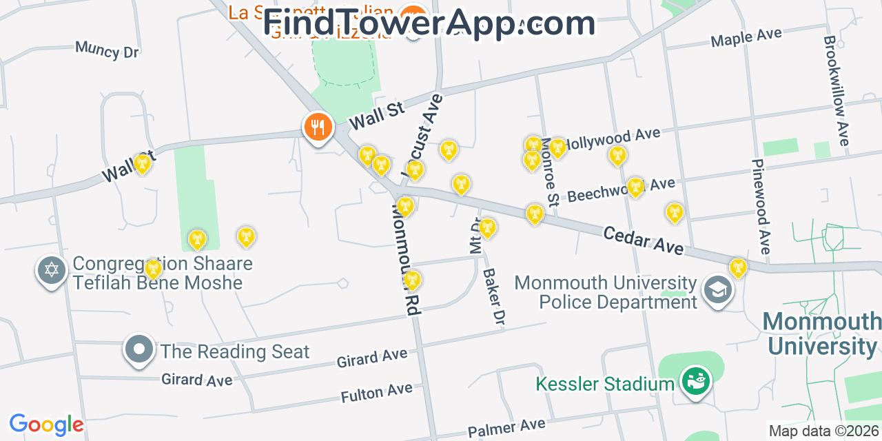 Map showing the 20 primary cell tower locations detected in West Long Branch, New Jersey from AT&T, Verizon, and T-Mobile networks