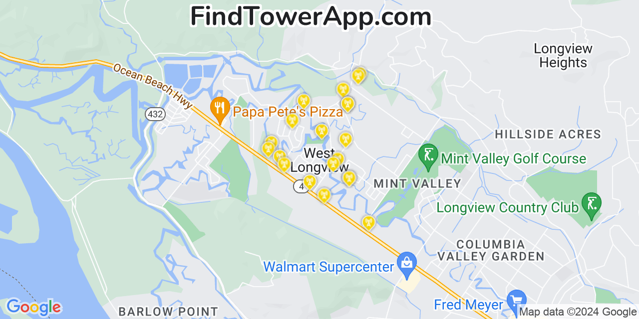 AT&T 4G/5G cell tower coverage map West Longview, Washington