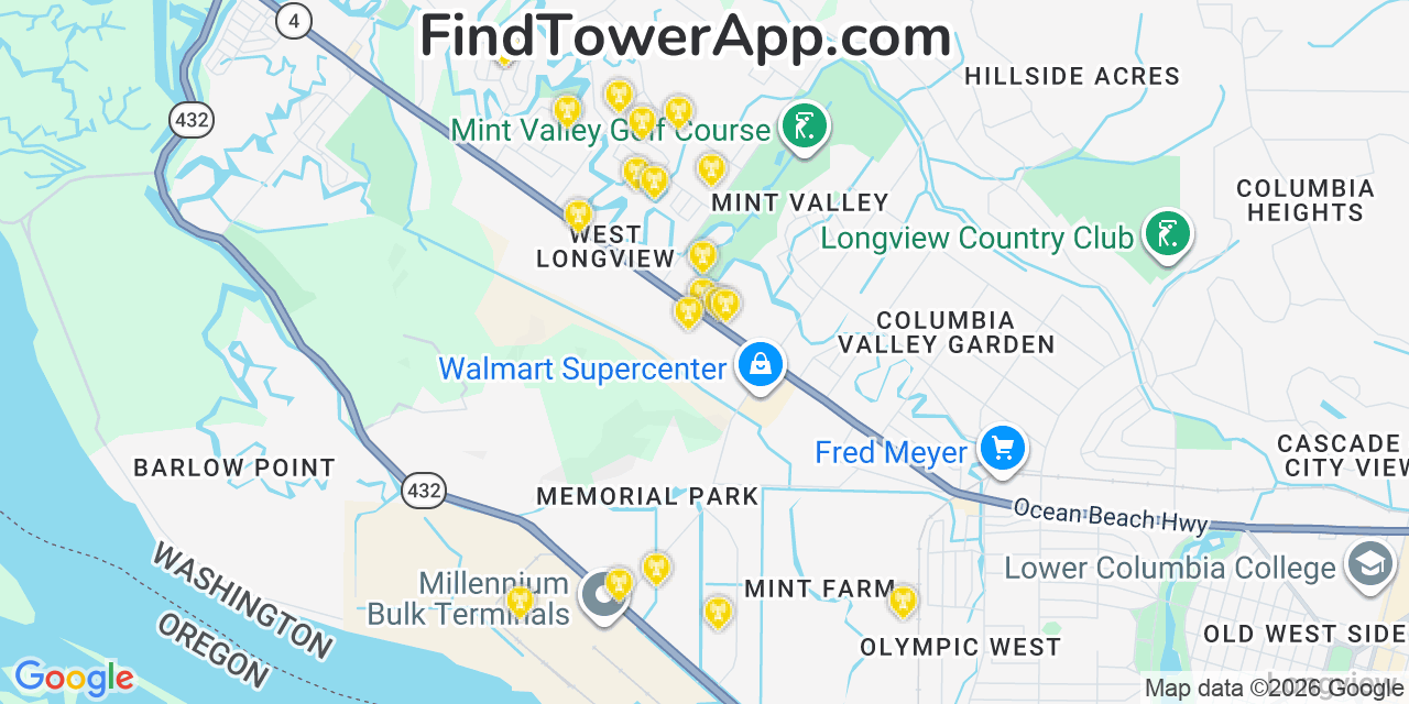 Map showing the 20 primary cell tower locations detected in West Longview, Washington from AT&T, Verizon, and T-Mobile networks