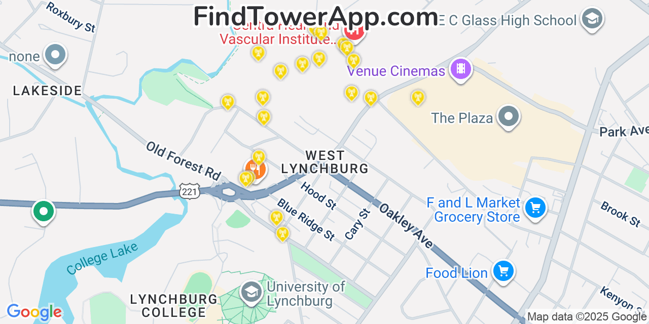 Map showing the 20 primary cell tower locations detected in West Lynchburg, Virginia from AT&T, Verizon, and T-Mobile networks