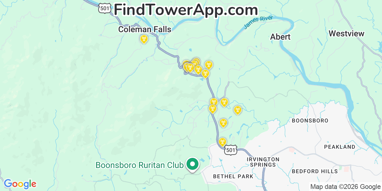 Map showing the 20 primary cell tower locations detected in West Lynchburg, Virginia from AT&T, Verizon, and T-Mobile networks