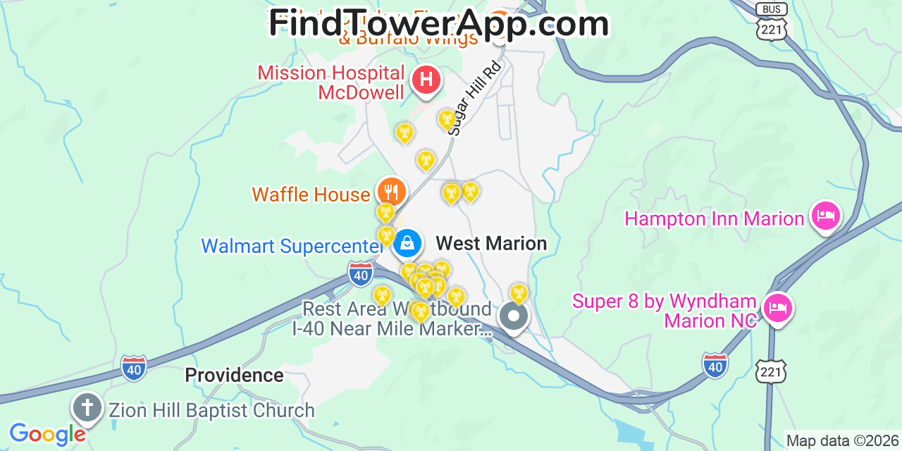 Map showing the 20 primary cell tower locations detected in West Marion, North Carolina from AT&T, Verizon, and T-Mobile networks