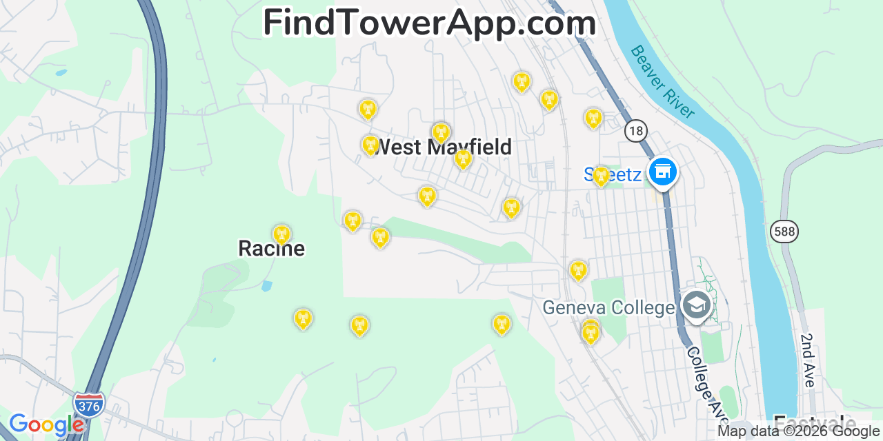 Map showing the 20 primary cell tower locations detected in West Mayfield, Pennsylvania from AT&T, Verizon, and T-Mobile networks