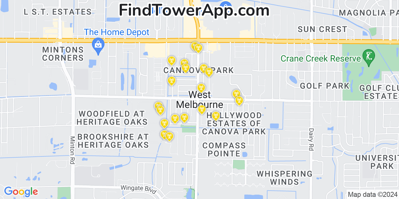 AT&T 4G/5G cell tower coverage map West Melbourne, Florida