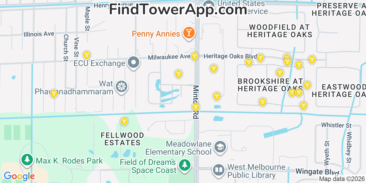 Map showing the 20 primary cell tower locations detected in West Melbourne, Florida from AT&T, Verizon, and T-Mobile networks