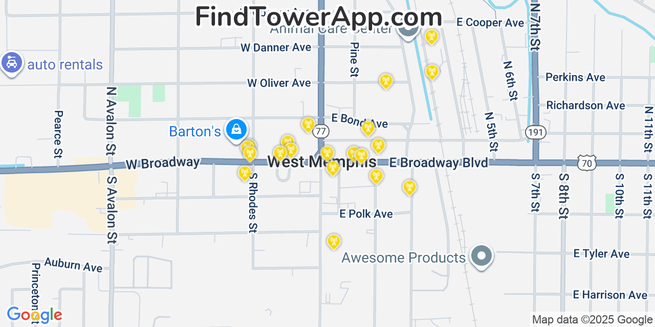 Map showing the 20 primary cell tower locations detected in West Memphis, Arkansas from AT&T, Verizon, and T-Mobile networks