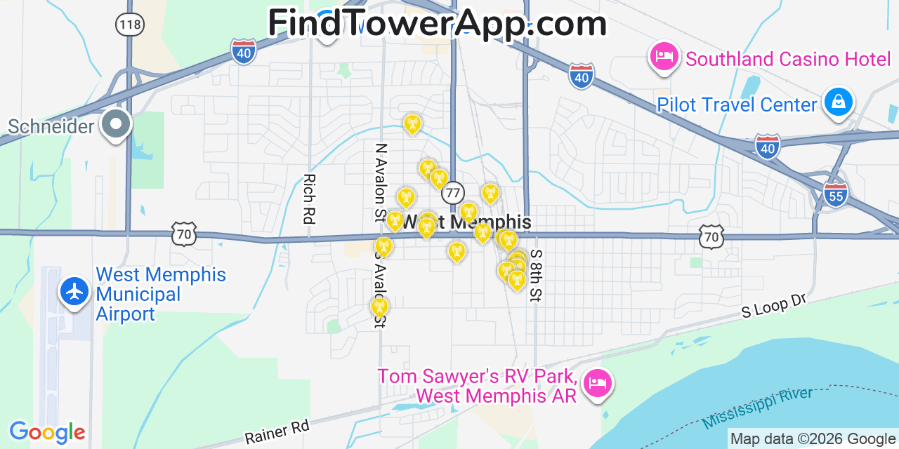 Map showing the 20 primary cell tower locations detected in West Memphis, Arkansas from AT&T, Verizon, and T-Mobile networks