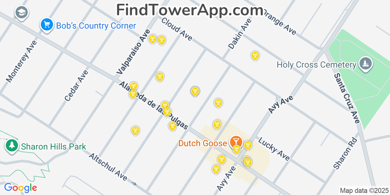 Map showing the 20 primary cell tower locations detected in West Menlo Park, California from AT&T, Verizon, and T-Mobile networks