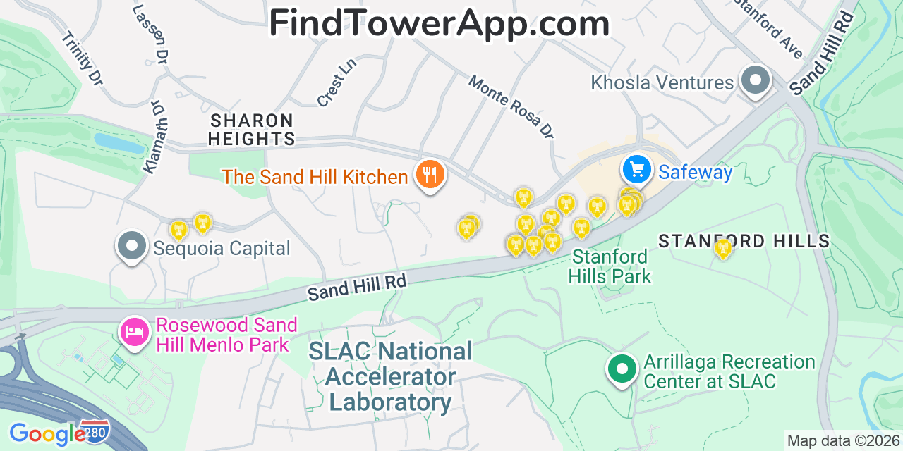 Map showing the 20 primary cell tower locations detected in West Menlo Park, California from AT&T, Verizon, and T-Mobile networks