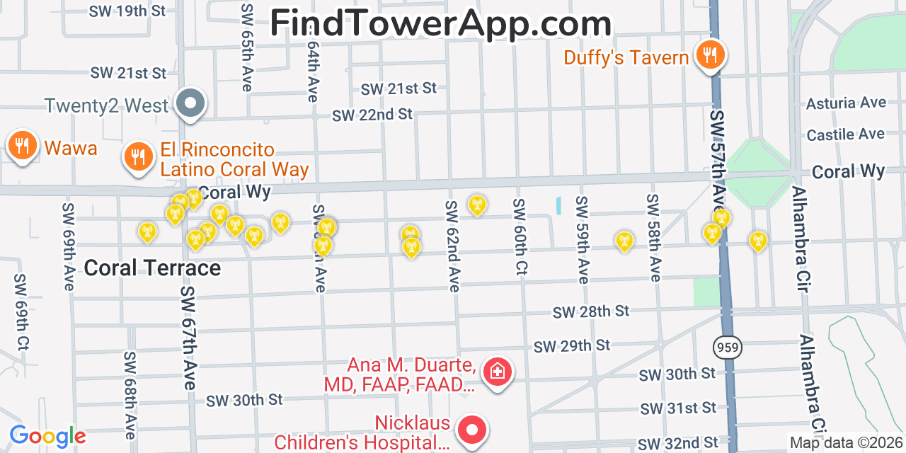 Map showing the 20 primary cell tower locations detected in West Miami, Florida from AT&T, Verizon, and T-Mobile networks