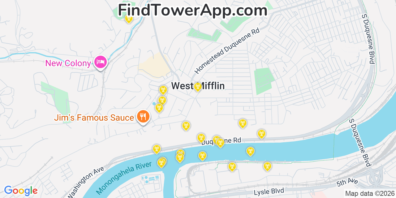 Map showing the 20 primary cell tower locations detected in West Mifflin, Pennsylvania from AT&T, Verizon, and T-Mobile networks