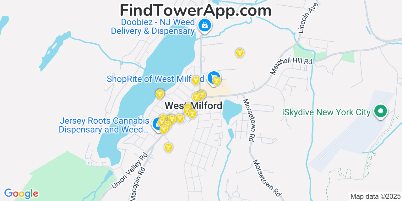Map showing the 20 primary cell tower locations detected in West Milford, New Jersey from AT&T, Verizon, and T-Mobile networks