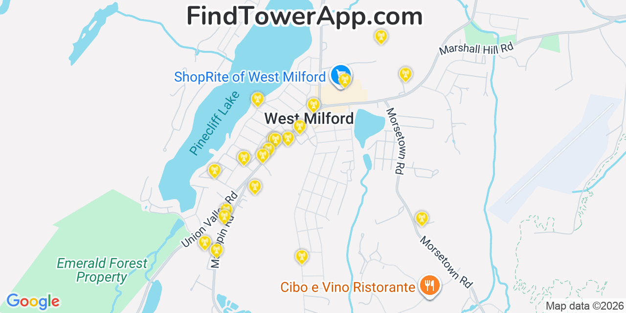 Map showing the 20 primary cell tower locations detected in West Milford, New Jersey from AT&T, Verizon, and T-Mobile networks