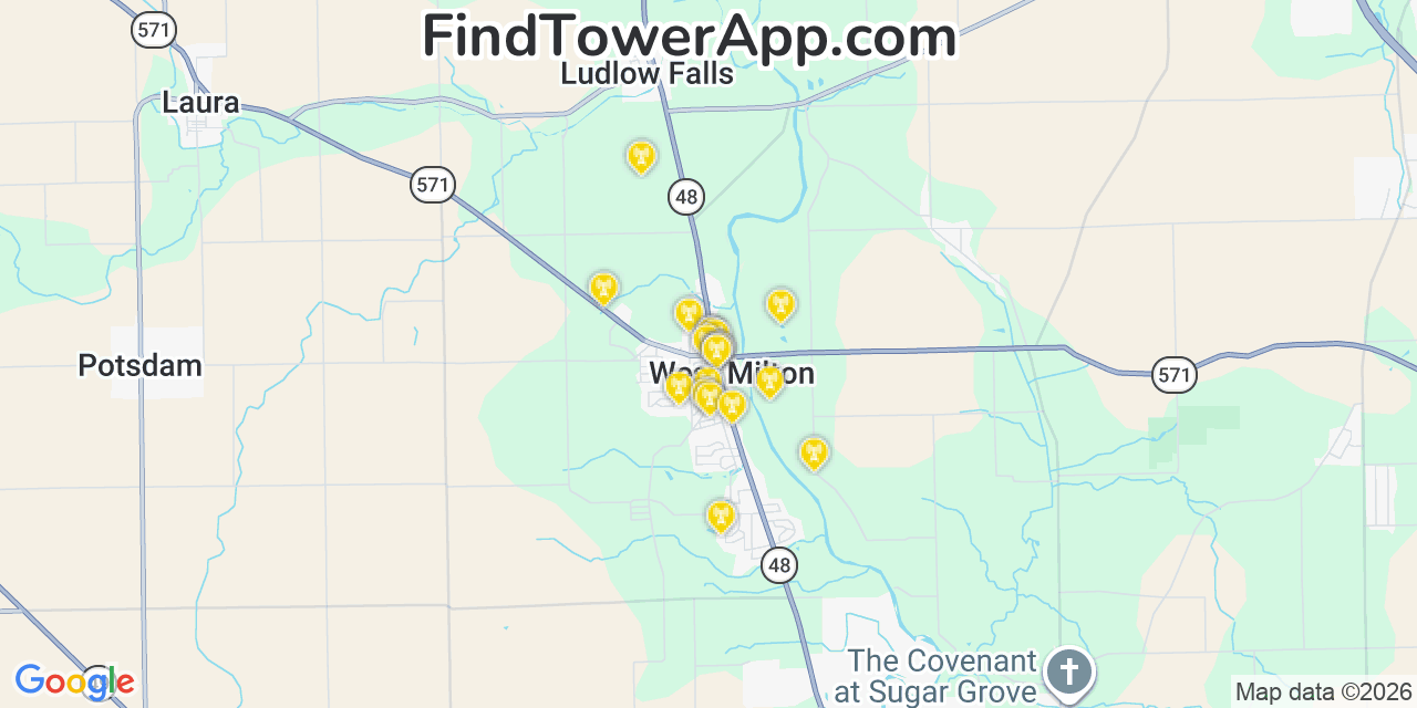 Map showing the 20 primary cell tower locations detected in West Milton, Ohio from AT&T, Verizon, and T-Mobile networks
