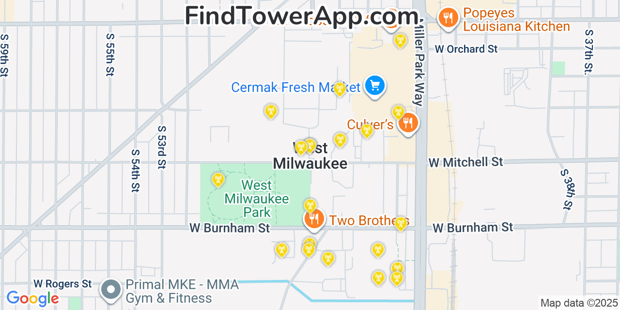 Map showing the 20 primary cell tower locations detected in West Milwaukee, Wisconsin from AT&T, Verizon, and T-Mobile networks
