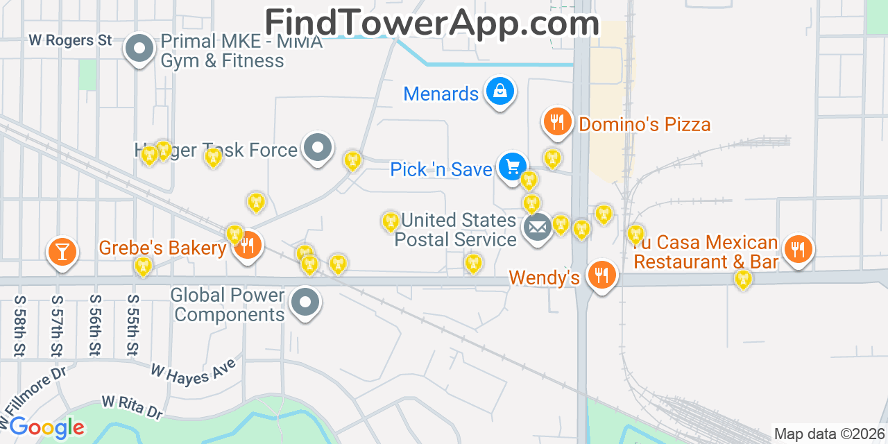 Map showing the 20 primary cell tower locations detected in West Milwaukee, Wisconsin from AT&T, Verizon, and T-Mobile networks