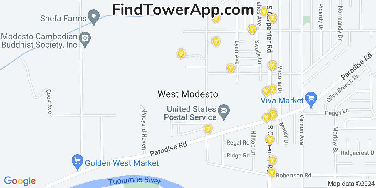 AT&T 4G/5G cell tower coverage map West Modesto, California