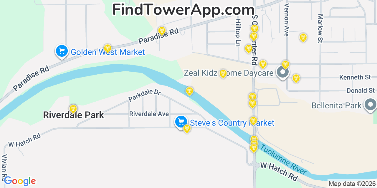 Map showing the 20 primary cell tower locations detected in West Modesto, California from AT&T, Verizon, and T-Mobile networks
