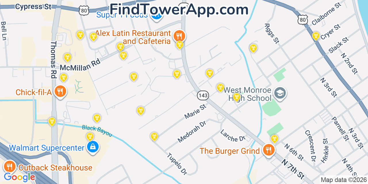 Map showing the 20 primary cell tower locations detected in West Monroe, Louisiana from AT&T, Verizon, and T-Mobile networks