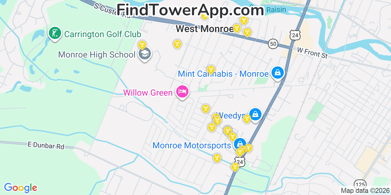 Map showing the 20 primary cell tower locations detected in West Monroe, Michigan from AT&T, Verizon, and T-Mobile networks