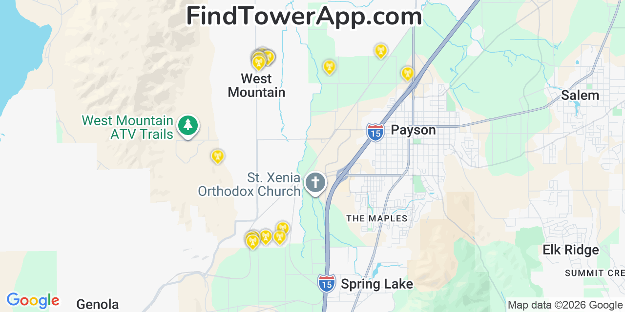 Map showing the 20 primary cell tower locations detected in West Mountain, Utah from AT&T, Verizon, and T-Mobile networks